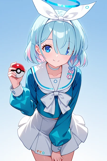 masterpiece, best quality, 1girl, solo, 21 year old model, eyelashes, (beautiful eyes), ,,, zzArona, blue eyes, blue hair, hair over one eye, bangs, blue halo, mechanical halo, long sleeves, ribbon, school uniform, serafuku, skirt, white skirt, <lora:AronaBlueArchiveIXL:1.0>, (holding pokeball), dynamic pose, cowboy shot, leaning forward, smile, looking at viewer, shiny skin,