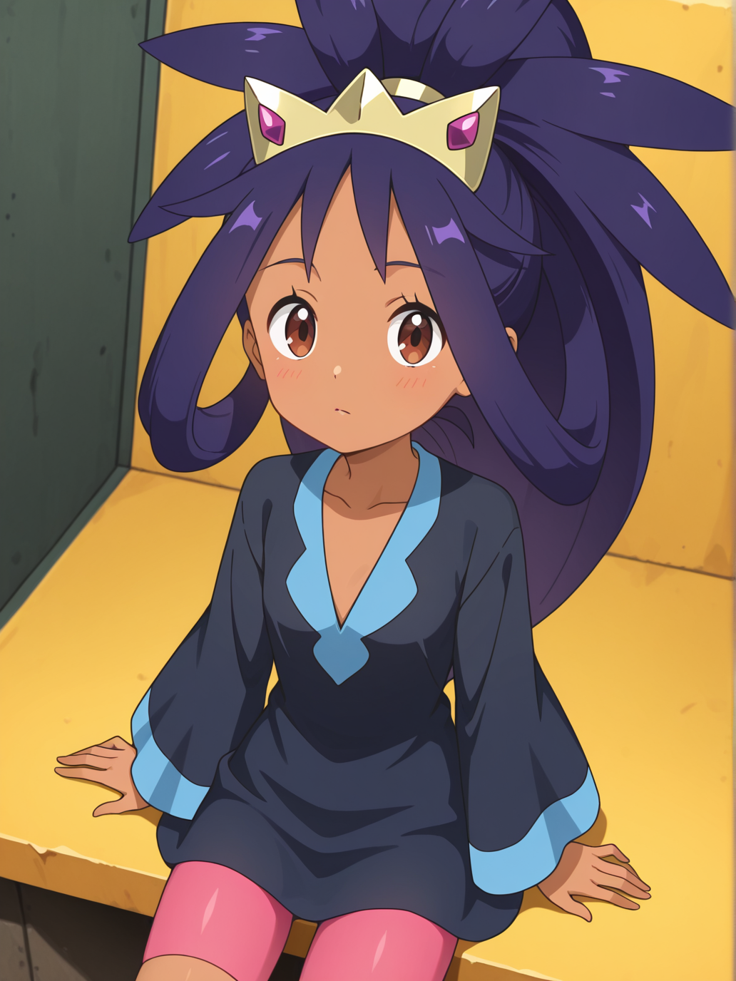 1girl, standing, looking at viewer,upper body,sitting,
<lora:iris_champion_2:0.85> iri5cham1on,ColourEX, (no_skirt, no middle ribbon:1.2),
dark-skinned female, dark skin,
brown eyes,
purple hair, very long hair, ponytail, spiked hair, hair rings,
tiara, purple gem tiara,black shirt, blue v-neck, blue hem cuff,
pink bike shorts,, masterpiece, high quality, absurdres, best quality, very aesthetic, newest,