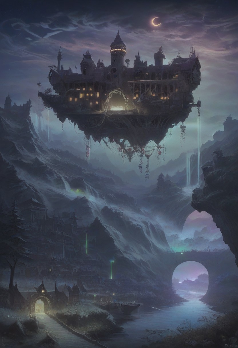 dramatic, fantasy, mysterious, magic, landscape, ramshackle, Scottish, cottage, dappled, clouds, village, steampunk, peasant, robots, crowd, farm, lake, rocks, river, bridges, waterfalls, boat, cliff, road, valley, ironwork, flowers, trees, fields, fences, snowy, mountains, aurora, futuristic, overgrown, skyscrapers, ruins, market, water, mill, castle, houses, walls, birds, sky, starry, crescent, meteor, godrays, light particles, seasons, steam, smoke, science fiction, post-apocalypse, happy, sunny, pastoral, colorful, lighting, cheeseburger, concept art, realistic, Expressiveh