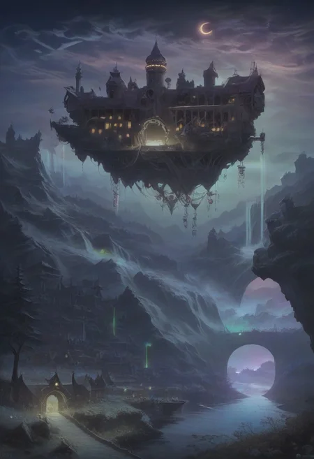 dramatic, fantasy, mysterious, magic, landscape, ramshackle, Scottish, cottage, dappled, clouds, village, steampunk, peasant, robots, crowd, farm, lake, rocks, river, bridges, waterfalls, boat, cliff, road, valley, ironwork, flowers, trees, fields, fences, snowy, mountains, aurora, futuristic, overgrown, skyscrapers, ruins, market, water, mill, castle, houses, walls, birds, sky, starry, crescent, meteor, godrays, light particles, seasons, steam, smoke, science fiction, post-apocalypse, happy, sunny, pastoral, colorful, lighting, cheeseburger, concept art, realistic, Expressiveh