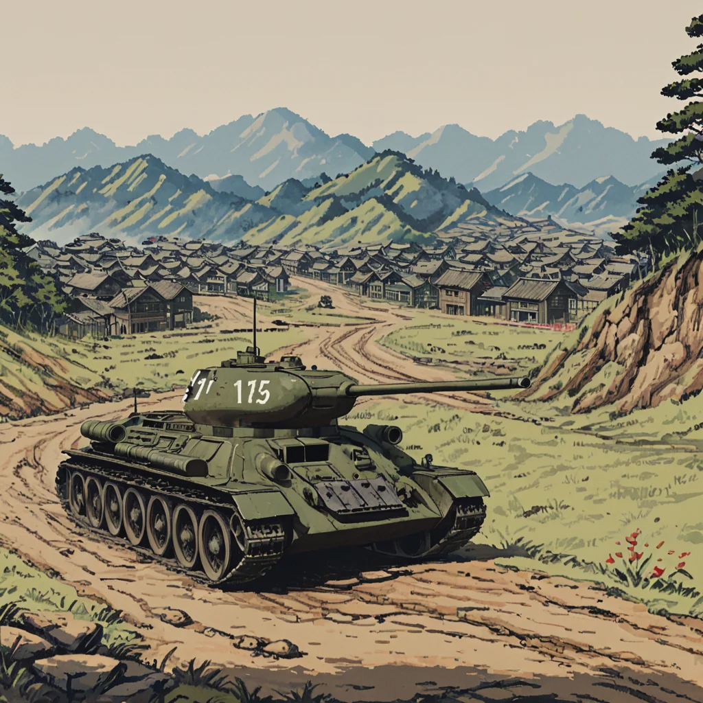 a t3485tnk tank is in the mountains of korea passing a korean village, war zone, ((pulp_comic, heavy_lines, hand_drawn, hand_inked, hand_colored, apxlz))