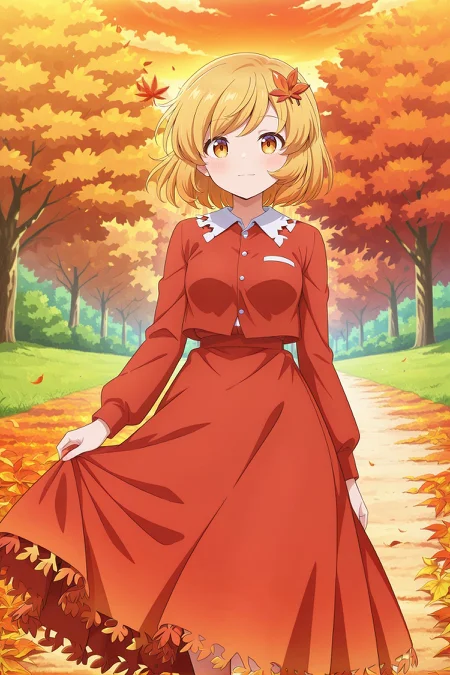 absurdres, highres, masterpiece, best quality, amazing quality, official anime artwork, screencap, anime screencap, outdoors, looking at viewer, light smile, dynamic pose, standing,
<lora:Aki-Shizuha_Illustrious:1> aki shizuha, 1girl, yellow eyes, blonde hair, short hair, small breasts,, leaf hair ornament, red shirt, red skirt,
