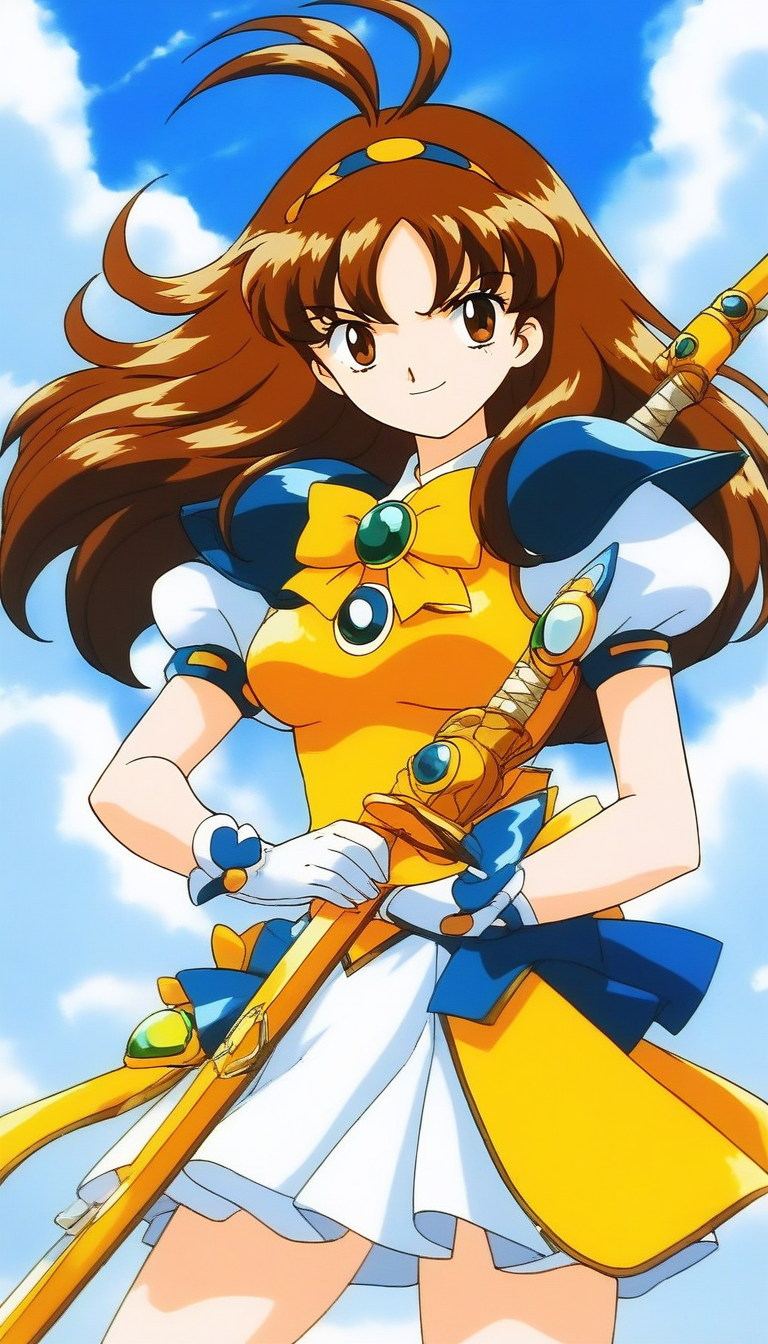 score_9, score_8_up, score_7_up, source_anime, rating_explicit, BREAK  <lora:Tsurugino_Mai_XL:1> Tsurugino_Mai, 1girl, solo, brown hair, weapon, gloves, sword, long hair, holding,  medium breasts,
1990s (style), brown eyes, bow, yellow bow, holding weapon, holding sword, magical girl, serious smile,
hairband, skirt, short sleeves, white gloves, Yellow armor, dress, white skirt, blue shoulder armor,
looking at viewer, antenna hair, puffy sleeves, bangs, puffy short sleeves,
outdoor, day, sky,