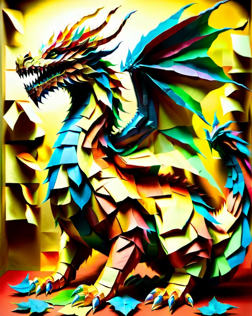 a massive colorful dragon made out of Jed-StickyN, fantasy, epic, BREAK, AND, set against a gold leaf background, ultra wide shot, front view,
<lora:StickyNotesStyle:1>, <lora:ral-toiletpaper:0.7>, <lora:add-detail-xl:0.7>, <lora:sd_xl_dpo_lora_v1:1>, <lora:xl_more_art-full_v1:0.3>