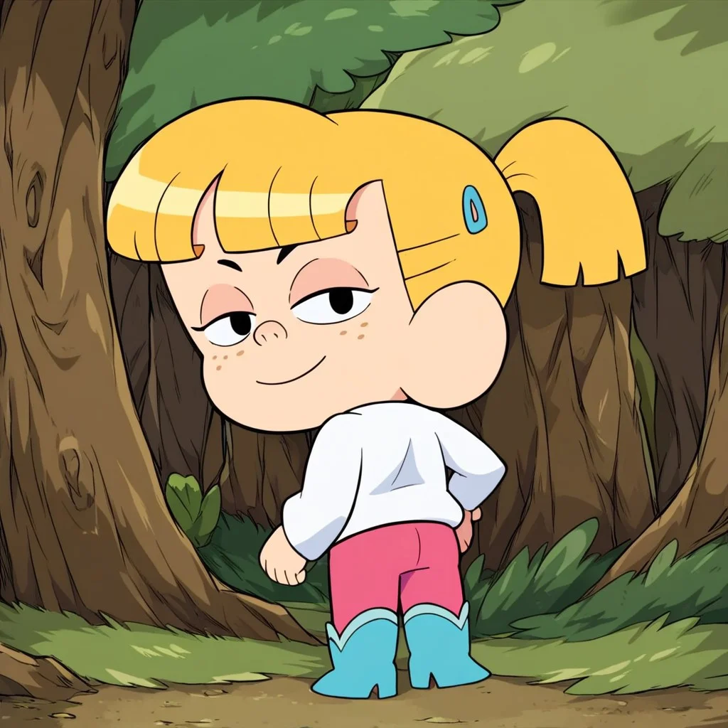 Score_9_up, score_8_up, score_7_up (masterpiece,best quality,very high quality,ultra) (detailed face and eyes:1), Expressiveh, looking at viewer, 1girl, small body, Short stature, chibi, standing, smile, half-close eyes, perfect eyes, (anatomically correct) from back
BREAK: in a forest, back view
BREAK: 1girl, solo, Mackenzie_cotc, peach skin, blonde hair, hair ponytail, blue hairclip, freckles, black eyes, white shirt with the image of a horse on it, pink pants, blue cowboy boots