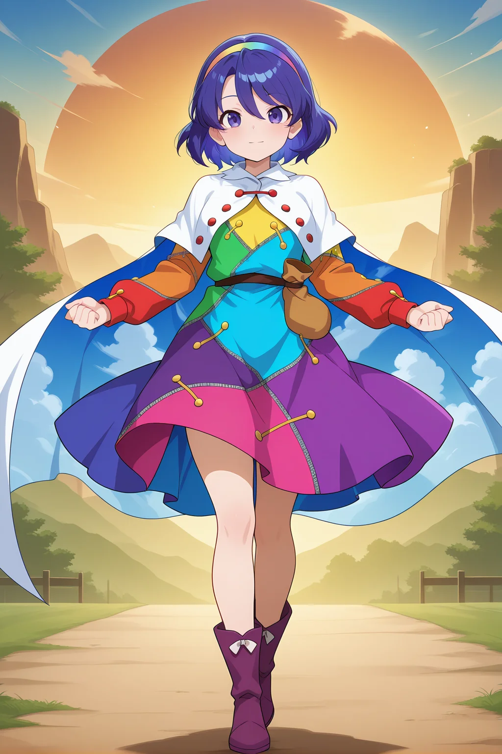 absurdres, highres, masterpiece, best quality, amazing quality, official anime artwork, screencap, anime screencap, outdoors, looking at viewer, light smile, dynamic pose, standing,
<lora:Chimata-Tenkyuu_Illustrious:1> tenkyuu chimata, 1girl, solo, purple eyes, blue hair, shot hair,, multicolored hairband, multicolored dress, long sleeves, white cape, purple boots, confident,