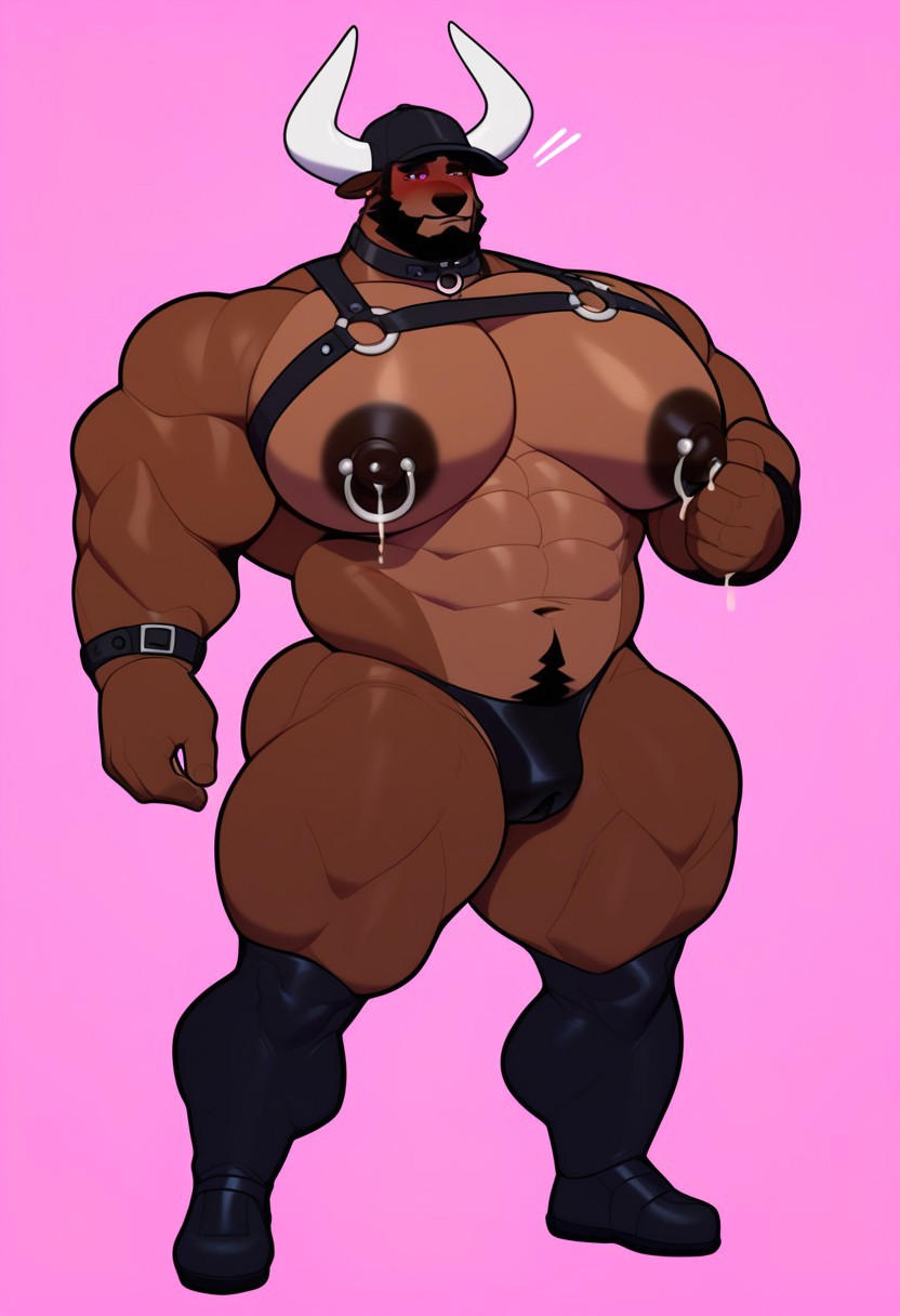 score_9, score_8_up, score_7_up, 2k, 4k, high res, 2d (artwork), Milkblend, solo, 1boy, pink eyes, wide eyes, looking down, flustered, 1boy, solo, bull, black facial hair, white bull horns, brown body fur, furry male, black cap, blushing, andromorph, massive pecs, man tits, pussy, pink background, standing, shirtless, erect nipples, massive nipples, nipple piercings, male lactation, muscular arms, muscular legs, muscular male, bara, bottom heavy, thick thighs, large hips, black bracelets, black ankle bracelets, black collar, black latex chest harness