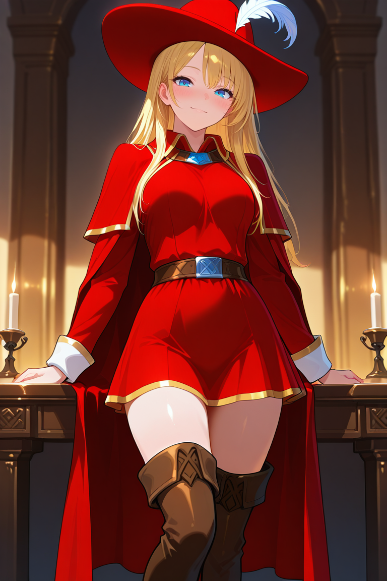 masterpiece, best quality, amazing quality, newest, 1girl,  <lora:red_mage_V1.0_Illustrious:0.9>,red_mage_cos,red feathered hat,red cape,red dress,gold trim,belt,thigh boots,ash blonde,sleek hair,ice blue_eyes,light smile,curtsying, elegant pose, smiling gently, warm candlelight, ballroom background, masterpiece, best quality, amazing quality, newest