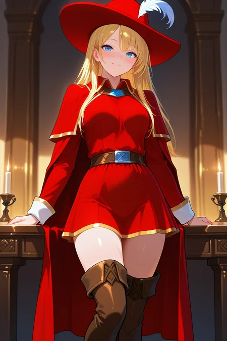 masterpiece, best quality, amazing quality, newest, 1girl, <lora:red_mage_V1.0_Illustrious:0.9>,red_mage_cos,red feathered hat,red cape,red dress,gold trim,belt,thigh boots,ash blonde,sleek hair,ice blue_eyes,light smile,curtsying, elegant pose, smiling gently, warm candlelight, ballroom background, masterpiece, best quality, amazing quality, newest