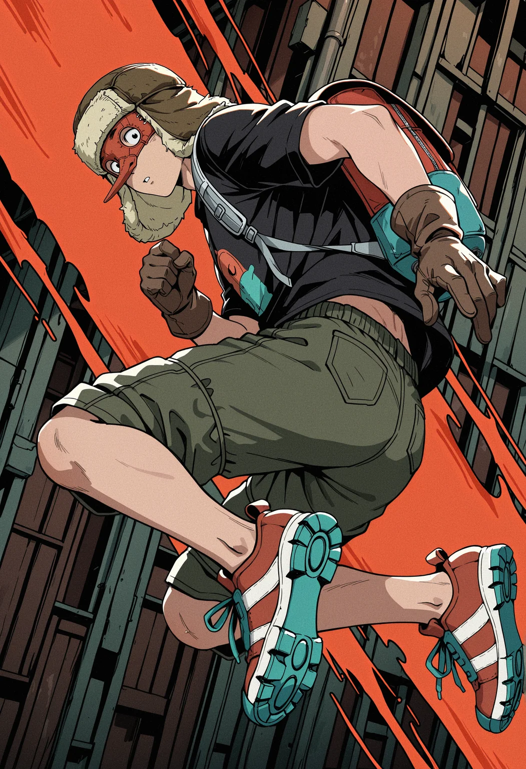 masterpiece, best quality, newest, absurdres, highres, very awa, 1boy, male focus, fujita \(dorohedoro\), official art, ushanka, tengu mask, eye mask, midair, jumping, pointed shoes, sneakers, green shorts, black shirt, t-shirt, print shirt, backpack, brown gloves, looking at viewer, from behind, looking back, black eyes
