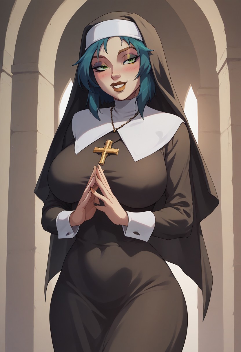 score_9, score_8_up, score_7_up, 1girl, solo, kylie, green eyes, blue hair, perfect face, expressive eyes, cowboy shot, nun, habit, traditional nun, large breasts, wide hips, looking at viewer, parted lips, smile, seductive, blush, eyeshadow, lipstick