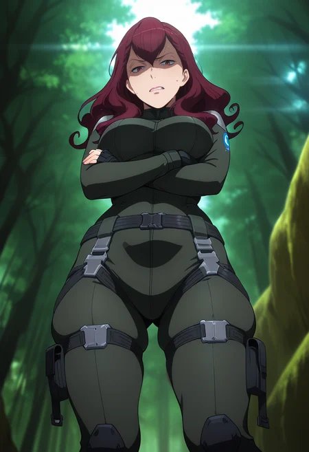 masterpiece, best quality, amazing quality, 1girl, solo, femieanneww, mature female, red eyes, red hair, long hair, curly hair, hair between eyes, lipstick, aldnoahsuit, bodysuit, breasts, , black fingerless gloves, black combat boots, <lora:Aldnoah_Zero_Femieanne_ill:1>, outdoors, shaded face, disgust, clenched teeth, sweat, looking at viewer, from below, standing, arms crossed, skindentation, detailed clothing folds, depth of field, sharp, high contrast, dynamic light