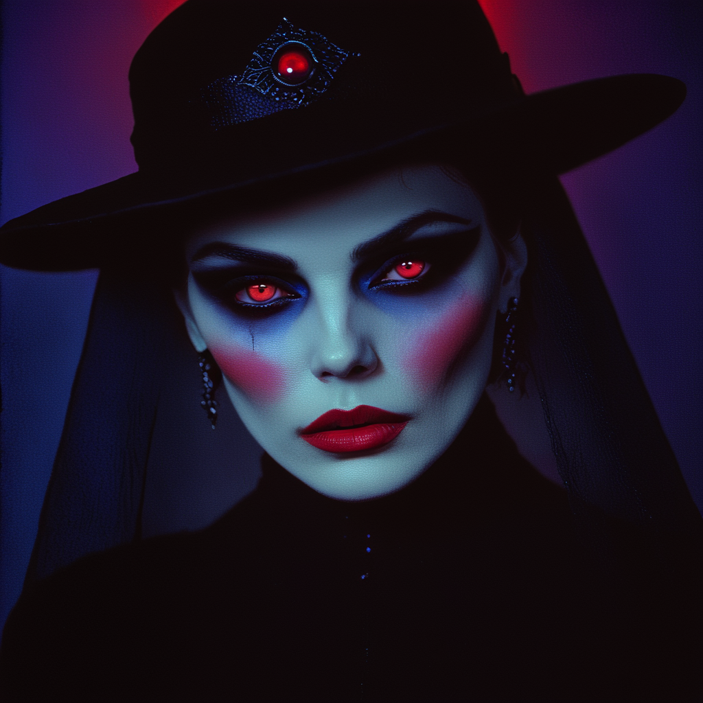 <lora:Mystic_Vogue_80s__Occult_PopSDXL:1> Mystic Vogue 80s Occult Pop, The image is a portrait of a woman with dark and eerie makeup. She is wearing a black hat with a veil covering her head and a black top. Her face is painted with red eyeshadow and her lips are painted a deep red color. She has a dramatic and eerie look with a hint of blue and purple lighting. The background is a gradient of blue creating a dramatic contrast with the dark outfit. The woman's face is illuminated by a soft light making her face stand out even more. The overall mood of the image is dark and mysterious., 1girl, solo, red eyes, hat, glowing eyes, earrings, jewelry, glowing, makeup, looking at viewer