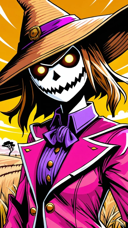 A Card Art. Close Up shot, oil painting , ultra detailed illustration of Scarecrow girl, pink and purple clothes, straw hat, background of a storm and arid grassland extremely detailed, fantasy art, manga, anime, flat lights, flat colors, detailed image