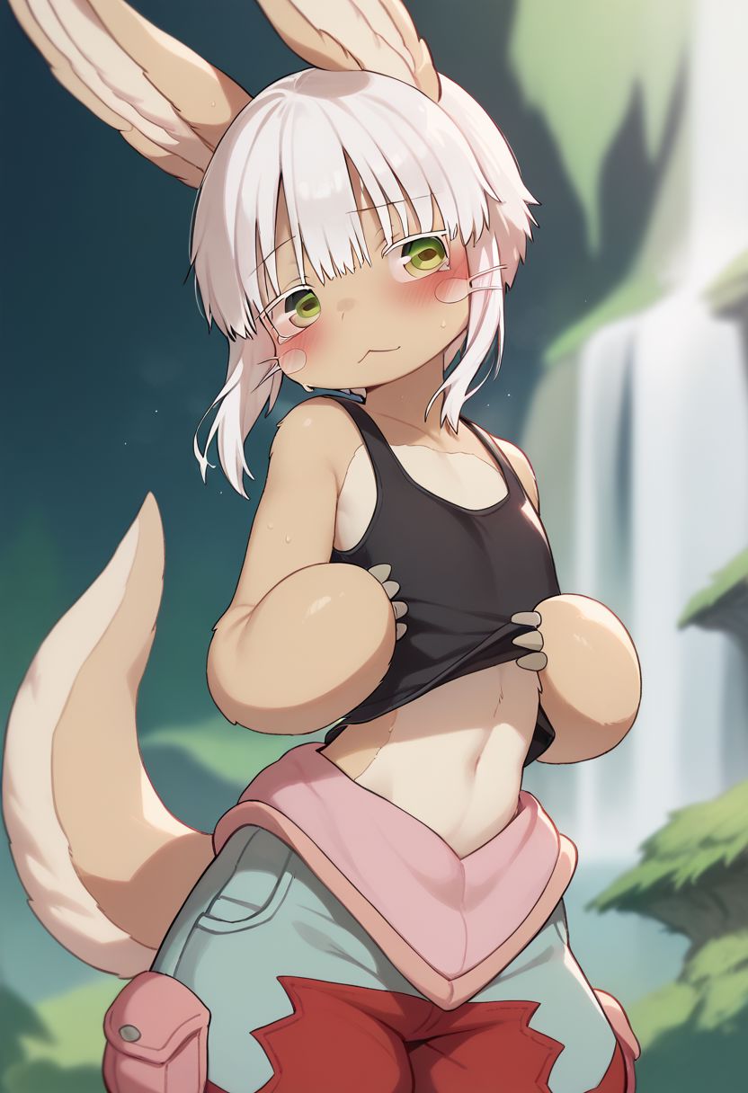 score_9,score_8_up,score_7_up, 
1girl, nanachi, \(made in abyss\)/,(ultra HD quality details), green eyes, white hair, furry, animal ears, tail, sidelocks
short hair, animal ears,
puffy pants,
solo, outdoors, depth of field, blushing, on a date, beautiful, skin tight, tank top, short shorts, sweat,