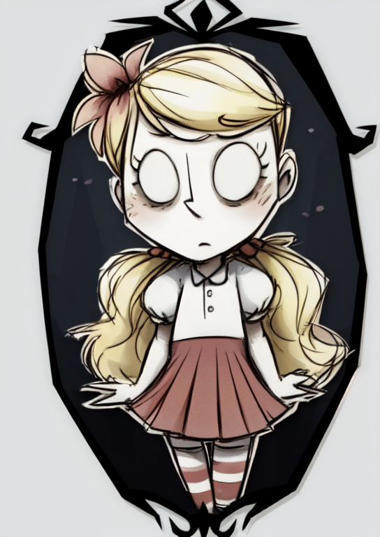 (masterpiece, best quality:1.2), extremely detailed, soft ambient lighting, sharp focus, 4K, BREAK Wendy, 1girl, solo, long blonde hair, white shirt, puffy short sleeves, red pleated skirt, striped thigh highs, no pupils, blank eyes, hair flower, looking at viewer, <lora:DontStarveWendy-20:1>, BREAK <lora:DST_v1:0.8>