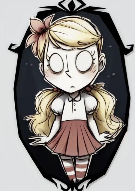 (masterpiece, best quality:1.2), extremely detailed, soft ambient lighting, sharp focus, 4K, BREAK Wendy, 1girl, solo, long blonde hair, white shirt, puffy short sleeves, red pleated skirt, striped thigh highs, no pupils, blank eyes, hair flower, looking at viewer, <lora:DontStarveWendy-20:1>, BREAK <lora:DST_v1:0.8>