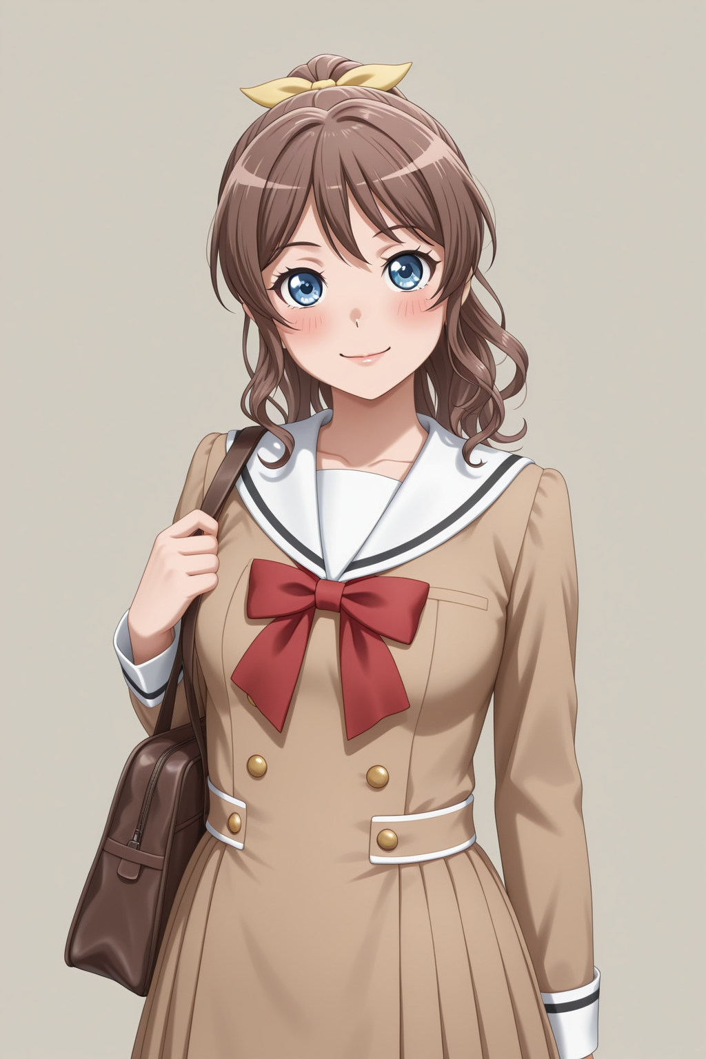 masterpiece, best quality, amazing quality, 1girl, solo, makeup, general, looking at viewer, blush, highres, cowboy shot, holding brown school bag, brown school wall, simple background, smile, <lora:Yamabuki_Saaya_Ban_Dori:1>, Yamabuki_Saaya_Ban_Dori, blue eyes, brown hair, long hair, ponytail, hair ribbon, bow, breasts, sidelocks, hanasakigawa school uniform, red bowtie, yellow ribbon, <lora:wai-2Rectified-V140:1>, <lora:illustrious_noobai_epsilon_pred_1_masterpieces_v1:1>