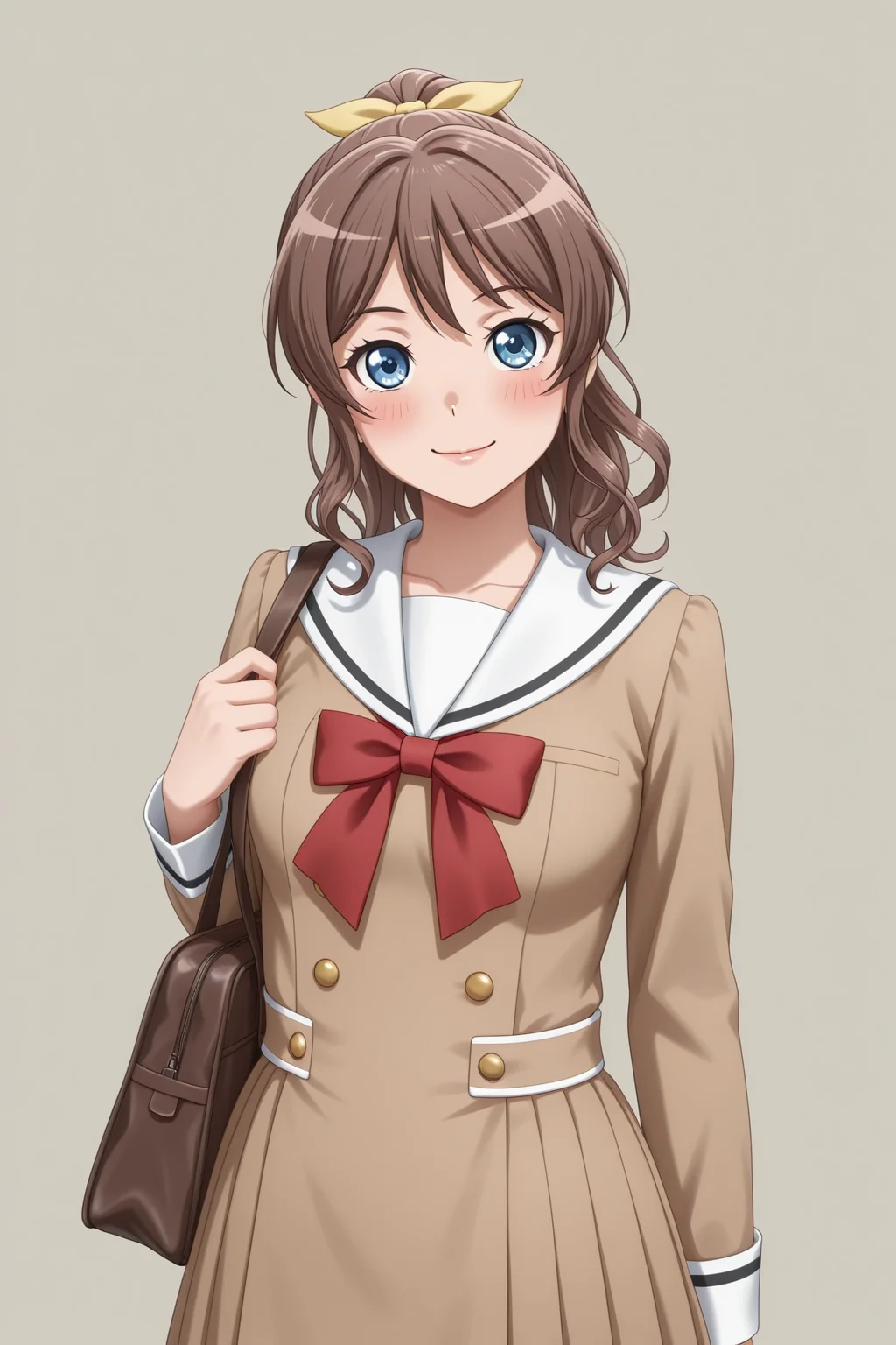 masterpiece, best quality, amazing quality, 1girl, solo, makeup, general, looking at viewer, blush, highres, cowboy shot, holding brown school bag, brown school wall, simple background, smile, <lora:Yamabuki_Saaya_Ban_Dori:1>, Yamabuki_Saaya_Ban_Dori, blue eyes, brown hair, long hair, ponytail, hair ribbon, bow, breasts, sidelocks, hanasakigawa school uniform, red bowtie, yellow ribbon, <lora:wai-2Rectified-V140:1>, <lora:illustrious_noobai_epsilon_pred_1_masterpieces_v1:1>