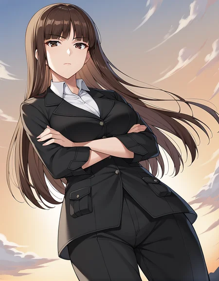 score_9, score_8_up, score_7_up, source_anime, rating_safe, BREAK <lora:shihoNishizumiXL_LoRA-C3Lier_AdamW_Dim8_Alpha8_UN-3e-4_TE-1.5e-4_10batch_ponyDiffusionV6XL_v6StartWithThisOne:1>, nishizumi shiho, 1girl, mature female, blunt bangs, long hair, brown hair, straight hair, brown eyes, black jacket, long sleeves, wing collar, pant suit, black pants, formal, standing, cowboy shot, crossed arms, expressionless, closed mouth, looking at viewer, from below, dutch angle, sunset, gradient sky, night sky, horizon, cloud