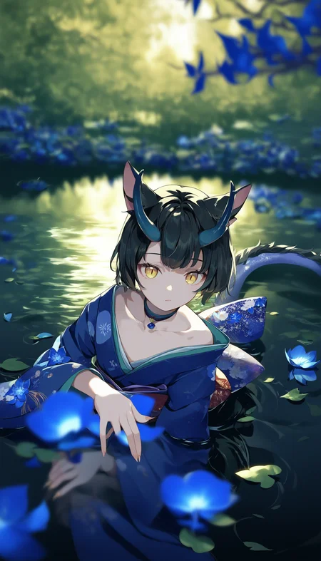 1girl, solo, fin, black hair, short hair, yellow eyes, hand up, blue flower, choker, fingernails, closed mouth, long sleeves, collarbone, japanese clothes, cat girl, kimono, nape, eastern dragon, dragon horns,
claws, off shoulder,
from below,
all fours, closeup, extended downblouse ,
depth of field, blurry, foreshortening,
dappled moonlight, outdoors, stream, nature, scenery, moonlight, night sky, kimono, leaf, nape, lake, partially submerged, reflective water, bioluminescence,
score_9, score_8_up, score_7_up, source_anime, masterpiece, very aesthetic
<lora:quality_modifiers_masterpieces_v1:1>