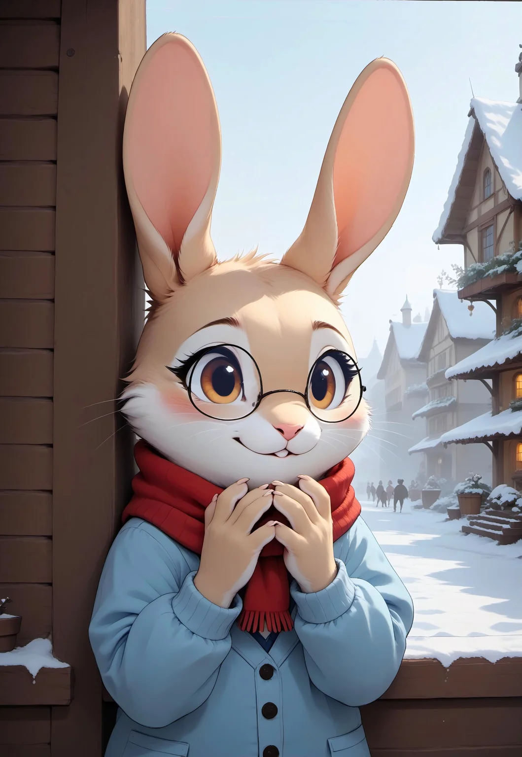 score_9, score_8_up, score_7_up, score_6_up, score_5_up, score_4_up,  (head on hand:2), (rabbit standing in front of a window watching the snow fall)

[][][][],

(((rabbit))), (beige fur, brown eyes), glasses, cardigan, scarf, upper body shot, long ears,

[][][][],

(cute, feral:1.5), (content expression),
[][][][],

window, cottage, snow, snowing,