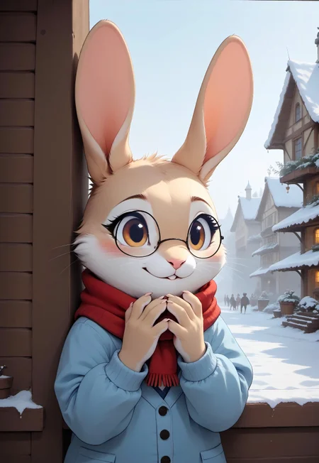score_9, score_8_up, score_7_up, score_6_up, score_5_up, score_4_up,  (head on hand:2), (rabbit standing in front of a window watching the snow fall)

[][][][],

(((rabbit))), (beige fur, brown eyes), glasses, cardigan, scarf, upper body shot, long ears,

[][][][],

(cute, feral:1.5), (content expression),
[][][][],

window, cottage, snow, snowing,