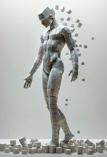 artcbd, Create an image of male figure composed entirely of cubes in various sizes. The figure should appear as if constructed from these geometric shapes, with distinct cubes forming the head, torso, arms, and legs. The cubes vary in size to represent different body parts proportionately, creating a visually interesting and abstract representation of a human body. The composition should be clear, with a focus on how the blocks assemble to mimic human anatomy. The background should be neutral to emphasize the figure