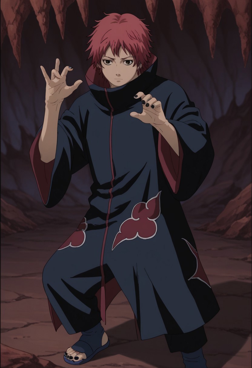 score_9, score_7_up, source_anime, 

sasori, 1boy, male focus, solo, brown eyes, red hair, robe, black robe, high collar, pants, black pants, sandals, black nails, puppet, puppet strings

indoor, cave, shadows,