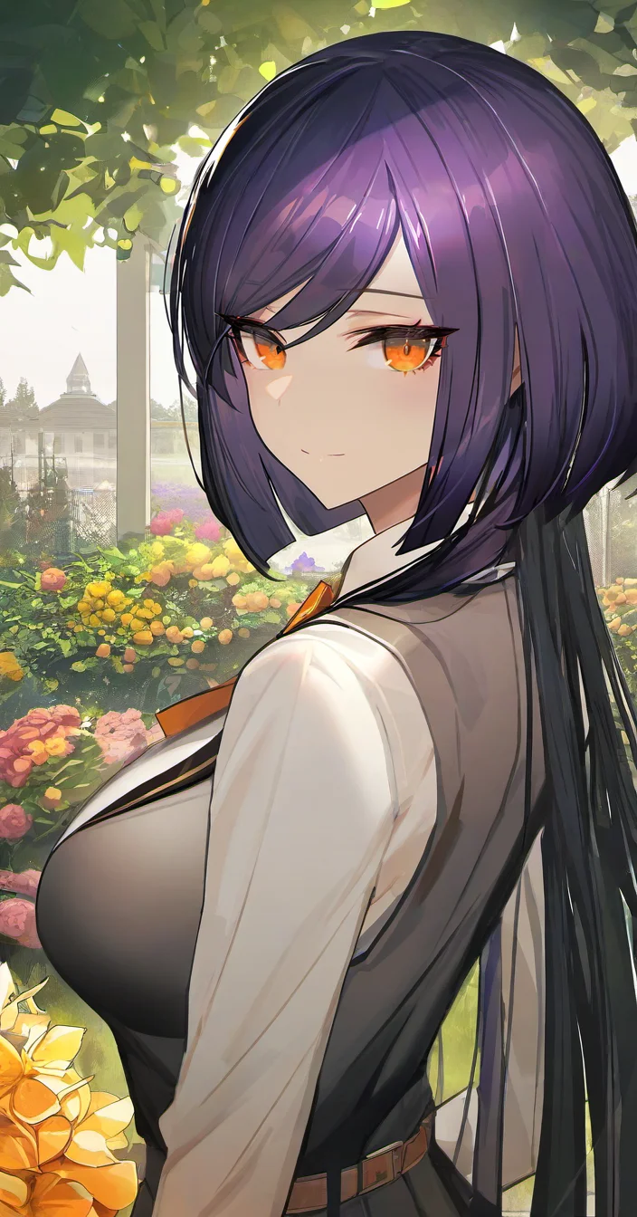 kuragecut,1girl,solo,((bob_cut,very long hair, long hair)),looking at viewer, purple hair , upper body ,breasts,large breasts ,from behind , swept bangs, orange eyes , garden,outdoors,school uniform, best_quality,masterpiece,modern
<lora:kuragecut_v1_illustrious_xl:1>,diyokama, au (d elete), liduke, rella