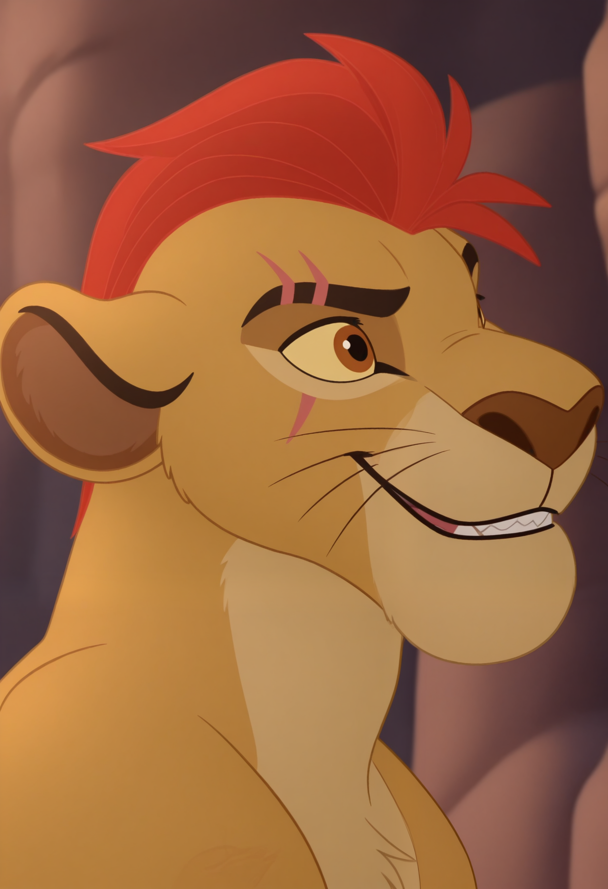 masterpiece,best quality,amazing quality, 1boy, solo, k10n, anthro lion, bara, brown fur, colored sclera, brown eyes, kion's scar, red mohawk, lion tattoo, close up, side angle, smirk,