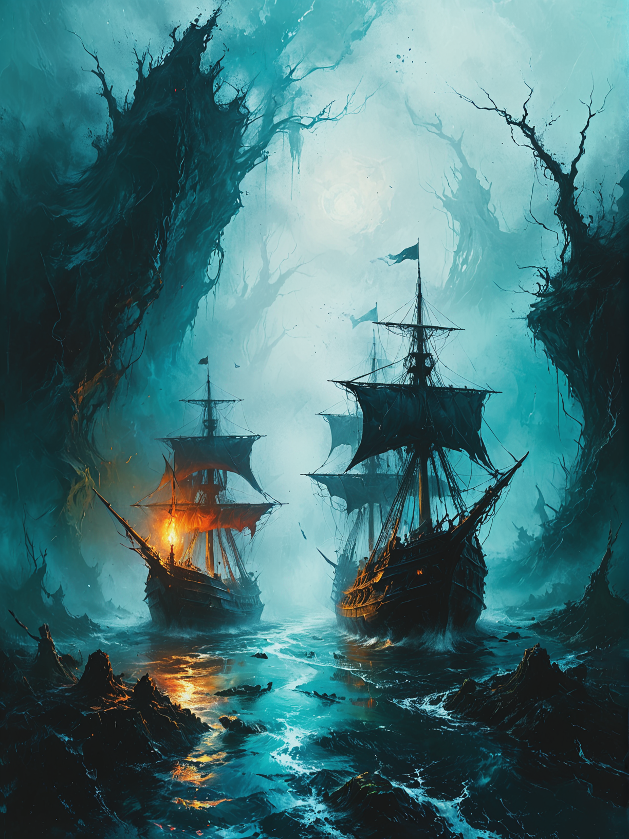 Ghostly ships navigate the river Styx, ultra-fine digital painting, <lora:xl_more_art-full_v1:0.3>,  <lora:Desolation:0.6> <lora:gorgoeus_splash_of_vibrant_paint:0.7> Gorgeous splash of vibrant paint