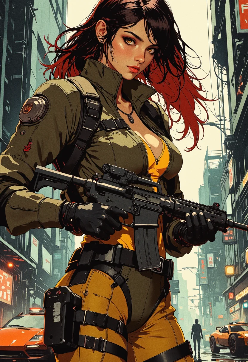 Image is a close up digital fantasy artwork featuring female soldier character in a dynamic fighting stance. She has tan skin with dark red hair with yellow eyes. She's wearing a bodysuit with the chest zipped open revealing her cleavage. In her hands is a futuristic tech rifle. The background is of the inside of a dystopian urban city, graffiti, futuristic hover cars, robot soldiers, large megacity buildings,