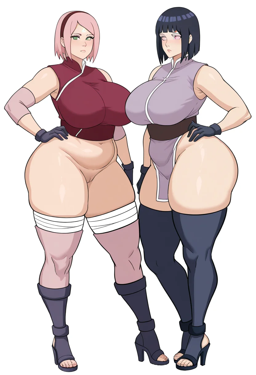 masterpiece, best quality, uncensored,
 <lora:cyberboi:1> c1b3rb01, breasts, looking at viewer, short hair, bangs, multiple girls, large breasts, simple background, black hair, thighhighs, gloves, white background, 2girls, green eyes, pink hair, thighs, huge breasts, high heels, hand on hip, siblings, facial mark, thick thighs, sisters, curvy, plump, mature female, forehead mark, haruno sakura, hyuuga hinata