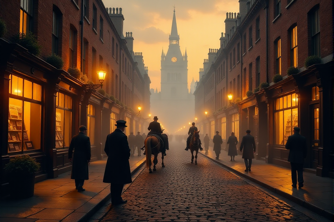 "A cobblestone street in Victorian London at dusk, illuminated by the warm, golden glow spilling from the windows of bustling shops and gas lamps lining the foggy street.  Horse-drawn carriages and pedestrians in period attire navigate the wet stones, their figures softened by the gentle mist. In the foreground, a rosy-cheeked newsboy in a tattered cap hawks the evening papers, his voice echoing softly in the atmospheric air.  Above, the towering silhouettes of grand buildings are just visible through the fog, hinting at both prosperity and mystery. Capture the scene in the style of Thomas Kinkade, emphasizing the warmth of light against the cool, misty evening, using soft, glowing highlights and a rich, inviting color palette of deep reds, browns, and muted golds.  Painterly brushstrokes, detailed textures of cobblestones, brickwork, and fog, cinematic lighting, nostalgic and heartwarming atmosphere, evoking a sense of Victorian charm and Dickensian London at twilight, 8k resolution, oil painting effect, visually stunning and emotionally evocative."âââ