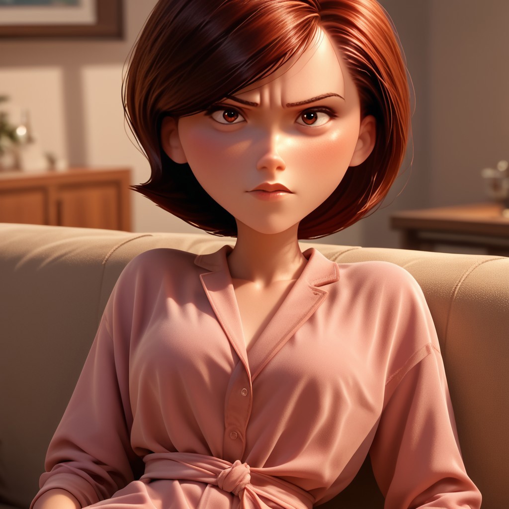 score_9, score_8_up, score_7_up, score_6_up, score_5_up, score_4_up, rating_questionable, 1girl, Hel_enParr, on a couch, seductive look, short hair, dark red hair, big hips, blouse