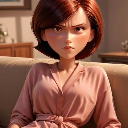 score_9, score_8_up, score_7_up, score_6_up, score_5_up, score_4_up, rating_questionable, 1girl, Hel_enParr, on a couch, seductive look, short hair, dark red hair, big hips, blouse