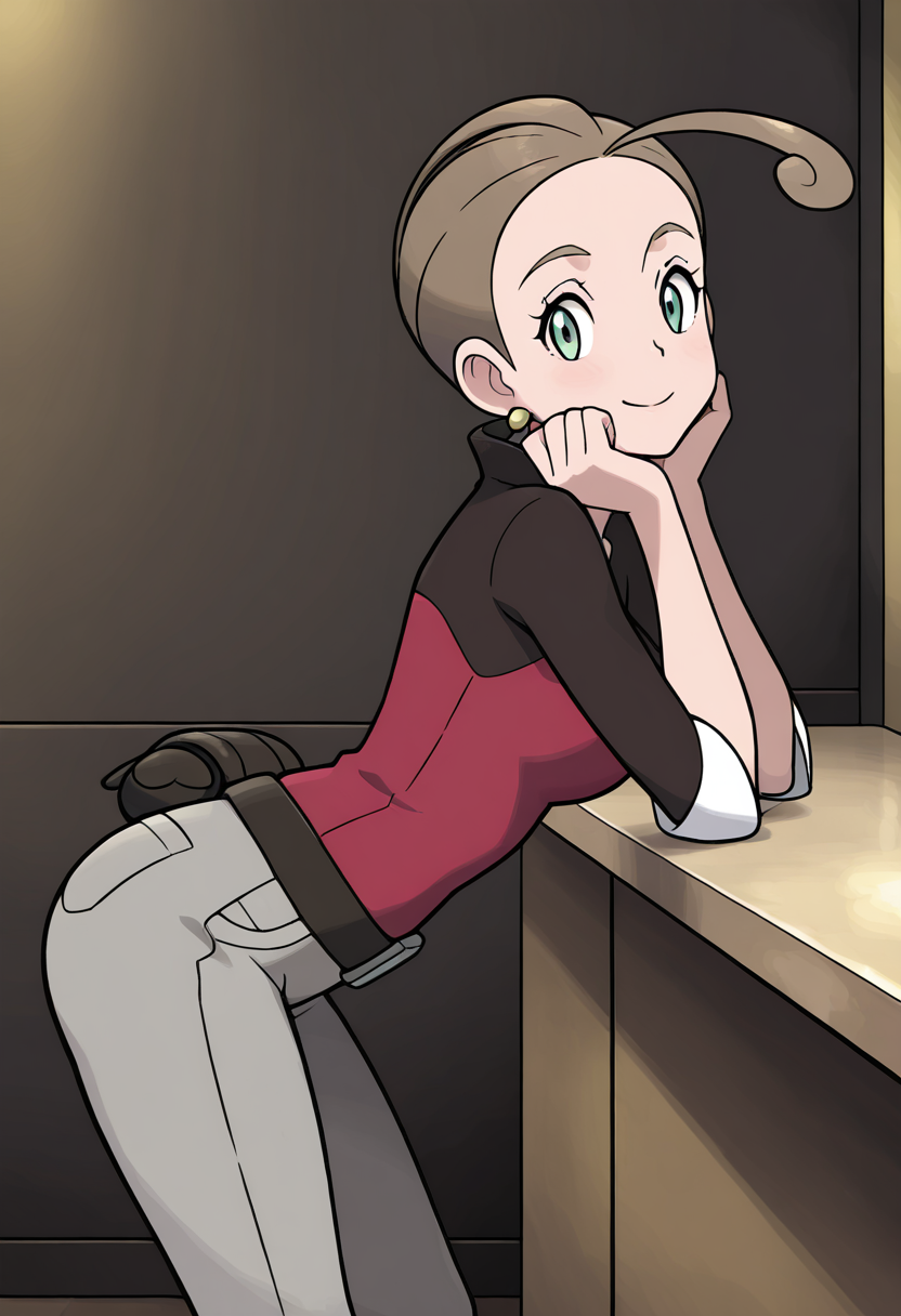masterpiece, best quality, 1girl, solo, eyelashes, (beautiful eyes), shiny skin, looking at viewer, smile,  zzAlexa, green eyes, ahoge, brown hair, ponytail, short hair, earrings, shirt, belt, pants,     <lora:AlexaPokemon_IXL_v2:1.0>, bent over, hands on knees, side view, flirty smile, cowboy shot, looking at viewer,