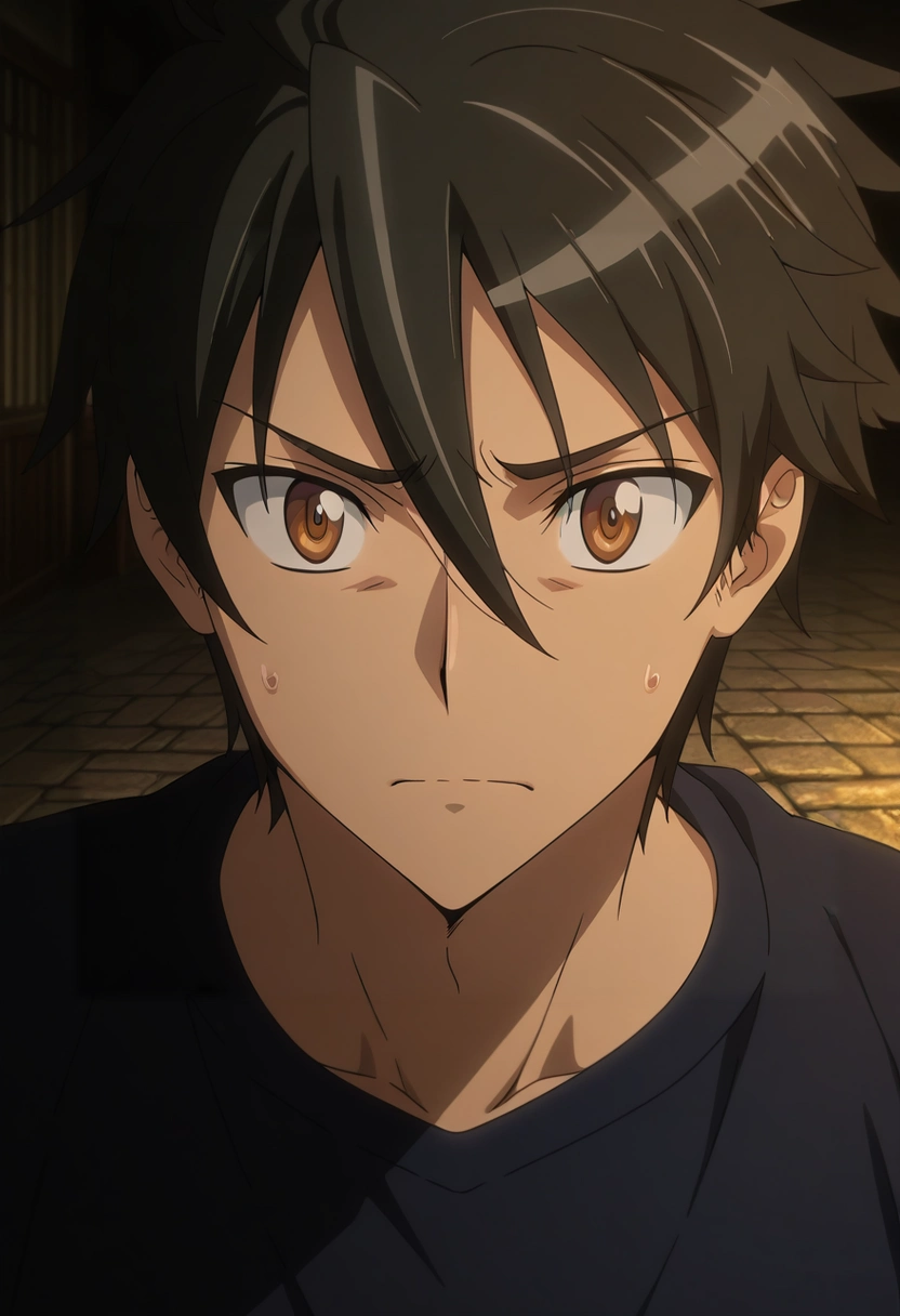 masterpiece, best quality, intricate details, anime screencap, anime coloring, , looking at viewer, 1boy, solo, male focus, <lora:takashi_komuro_ilxl:0.98>, takashi_komuro, black hair, brown eyes, short hair, hair between eyes, upper body, stone road, indoors, dark, (dynamic pose), nervous,