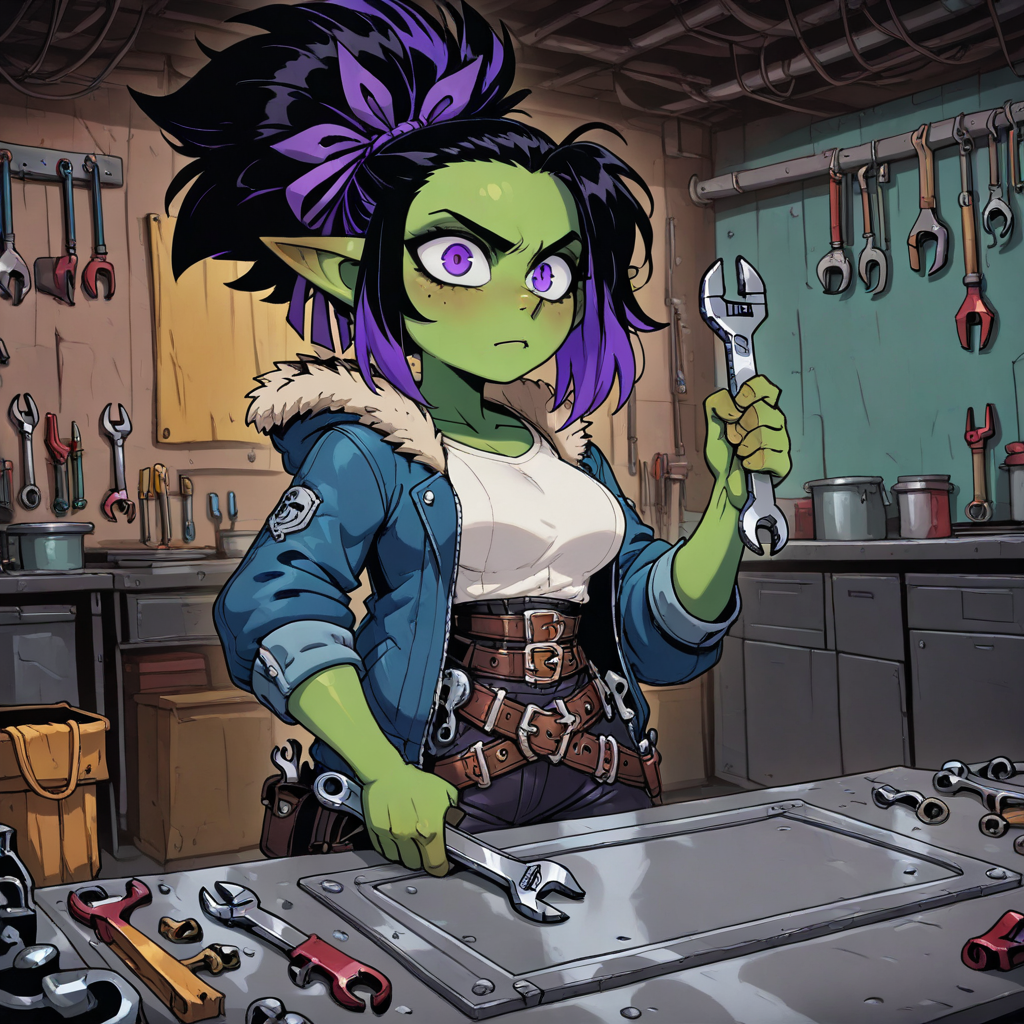 masterpiece, best quality, newest, absurdres, highres, ZANV1.0, 1girl, goblin, shortstack, hair ribbon, tied hair, green skin, green colored skin, two-tone hair, purple hair, black hair, purple eyes, purple ribbon, shirt, jacket, belt, multiple belts, medium breasts, blue jacket, fur-trimmed jacket, hooded jacket, pointy ears, holding wrench, rench, tools, workshop