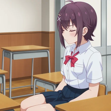 nsfw, masterpiece, best quality, 1girl, solo, the_dreaming_boy_is_a_realist_kei_ashida, full body, sitting, on school chair, school table,
,closed eyes, hair ornament, short hair, indoors, shirt, white shirt, school uniform, closed mouth, x hair ornament, hairclip, red ribbon, ribbon, blush, bangs, neck ribbon, collared shirt, skirt, class, classmate, <lora:Kei_Ashida_-_The_Dreaming_Boy_Is_a_Realist:0.7>