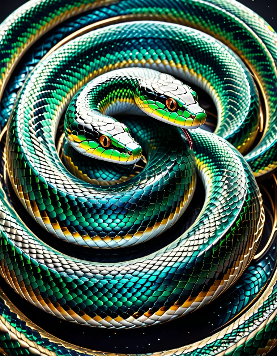 "A mesmerizing serpent forming an infinite loop (â), its scales reflecting fractals, galaxies, and microscopic worlds, glowing iridescently, surrounded by a cosmic void, interactive textures emitting soft vibrations, surreal blend of science fiction and nature, ultradetailed and captivating design." <lora:SDXLFaeTastic2400:0.4> <lora:extremely_detailed:0.4> extremely detailed, <lora:sn4ke:1>,sn4ke, Masterpiece,best quality,hi res,8k,hi res,8k,award winning,(sharp focus, intricate, highly detailed),