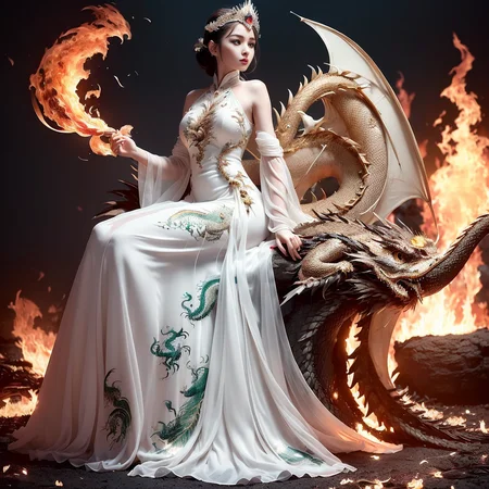 (masterpiece), (best quality), (super delicate), (illustration), (extremely delicate and beautiful), (dynamic angle), white and black highlights, (legendary Dragon queen:1.3),(complex details) ,golden eyes, green pupils, delicate face,messy floating hair, messy hair, focus, perfect hands, (fantasy wind),handsome shape,((((The flames burning behind the young woman)))), (the battlefield behind the young woman:1.2), (((Bloody))),long hair:1.2,hair stick:1.2,bun:1.2,full body:1.2,dragon horn:1.2,(((flowing))),nhjy, a white dress with a peacock on it<lora:nhjy-10:0.5>