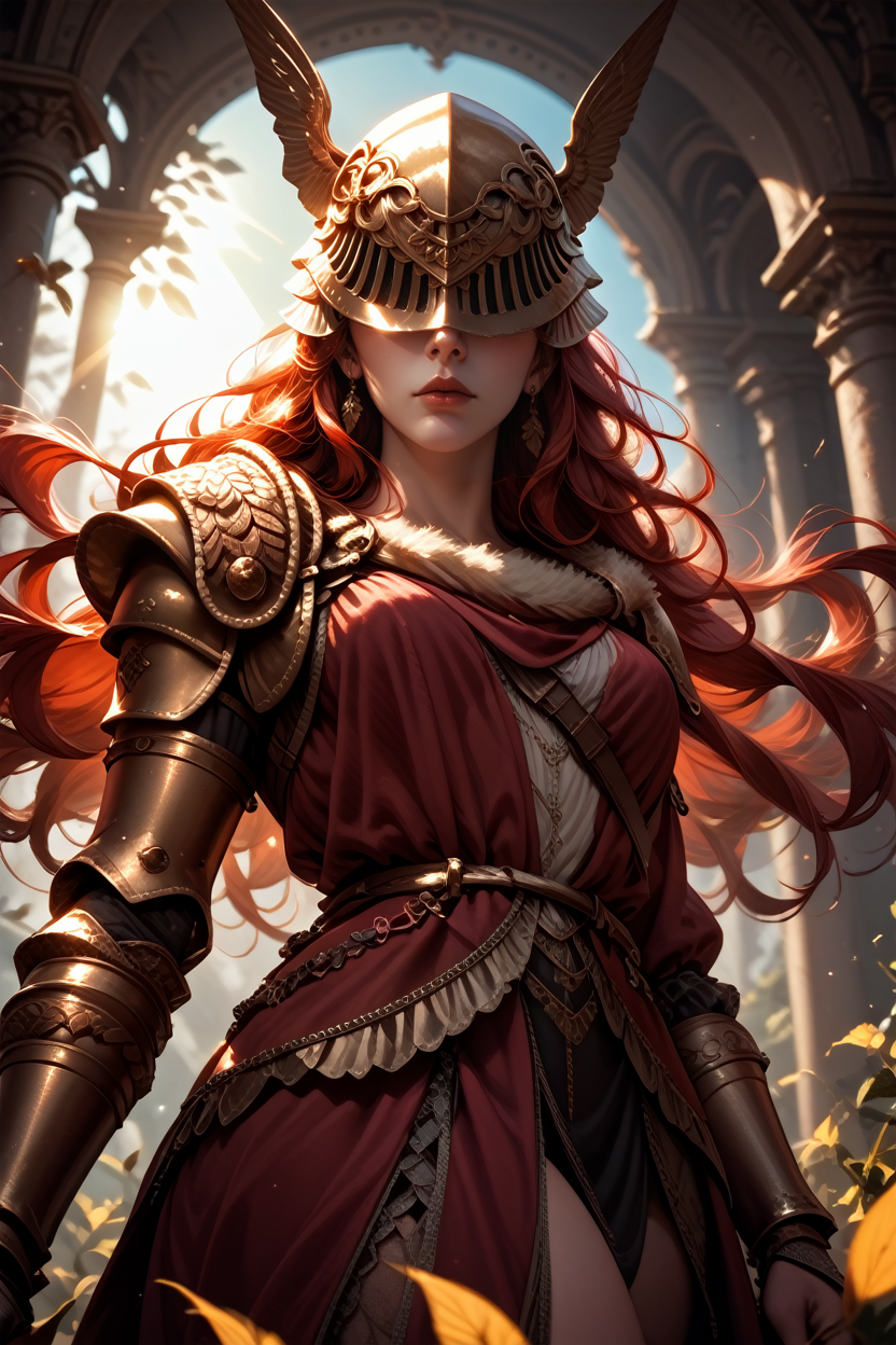 score_9, score_8_up, score_7_up, score_6_up
<lora:ERMalenia:1.0>
ERMalenia, 1girl, helmet, covered eyes, long hair, red hair, armor, looking at viewer, from below, rim lighting, backlighting, lens flare