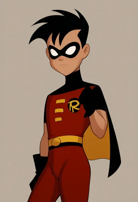 score_9, score_8_up, score_7_up, highly detailed,CuteCartoonStyle, cute boy, 1boy, solo, black hair, Robin, Domino Mask, Gloves, black and yellow Cape, red pants,