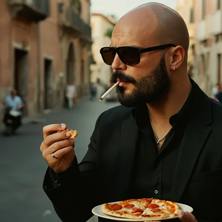 UHD, 4k, ultra detailed, cinematic, a photograph of <lora:detailed:0.2>
<lora:perfection style:0.2>
<lora:Ron Fricke style:0.2>
<lora:Gomorra - La serie style:1>
Set in Naples in the 2010s Marco D'Amore Ciro Di Marzio a bald man in sunglasses is eating a piece of pizza,solo,shirt,1boy,jacket,upper body,male focus,blurry,black shirt,blurry background,facial hair,sunglasses,ring,fire,beard,watch,cigarette,realistic,stubble,wristwatch,bald,lighter , cinematic, kodak, Gomorra - La serie, epic, beautiful lighting, inpsiring