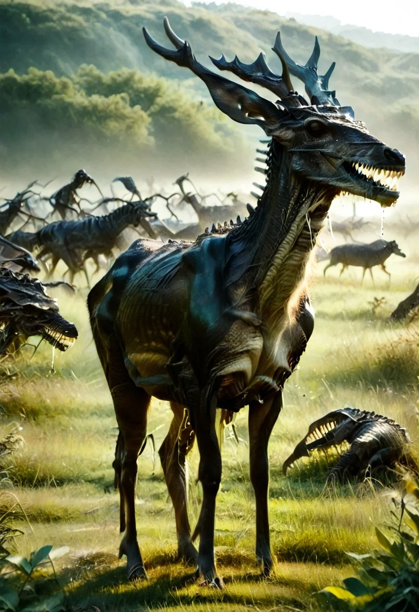 score_9,score_8_up,score_7_up,extreme detailed,full_body,nature,field,zPDXL BREAK deer,multiple_animals,<lora:Pony_DetailV2.0:1>,<lora:deer-pony:1>, teeth, sharp teeth, colored skin, black skin, no eyes, tail, monster, drooling, thighs