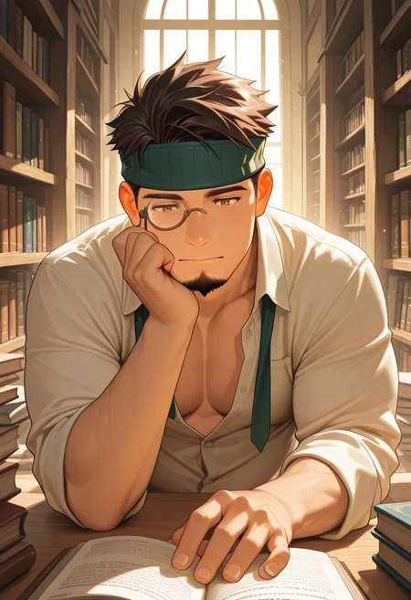 1boy, mbti_isfp, mature man, muscle body, (chubby:0.8), short hair, brown eyes, goatee, headband, monocle, reading book, library, desk, sunlight, focused, calm, intellectual, aesthetic, warm tones, charming, highres, masterpiece, best quality, dust motes, undone shirt, suggestive pose, close-up, intimate