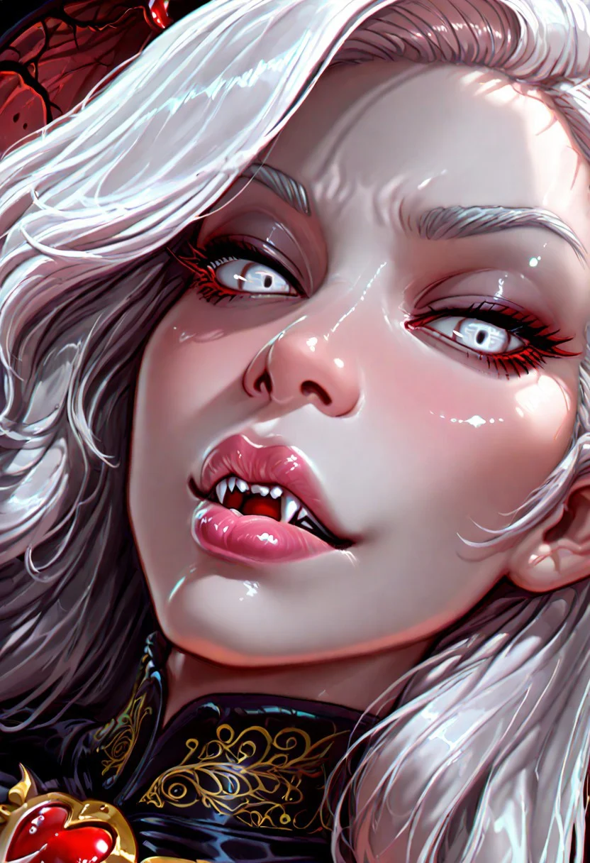 masterpiece, best quality, amazing quality, intricate detail, highly detailed, absurdres, vampire woman,beautiful,she have fangs,white long hair and complete white eyes, dynamic angle, , Detailed lips, wide lips, soft lips, pink lips, glossy lips, lip gloss front view, looking at viewer, dynamic angle, <lora:SmoothStyle_Omega:1>