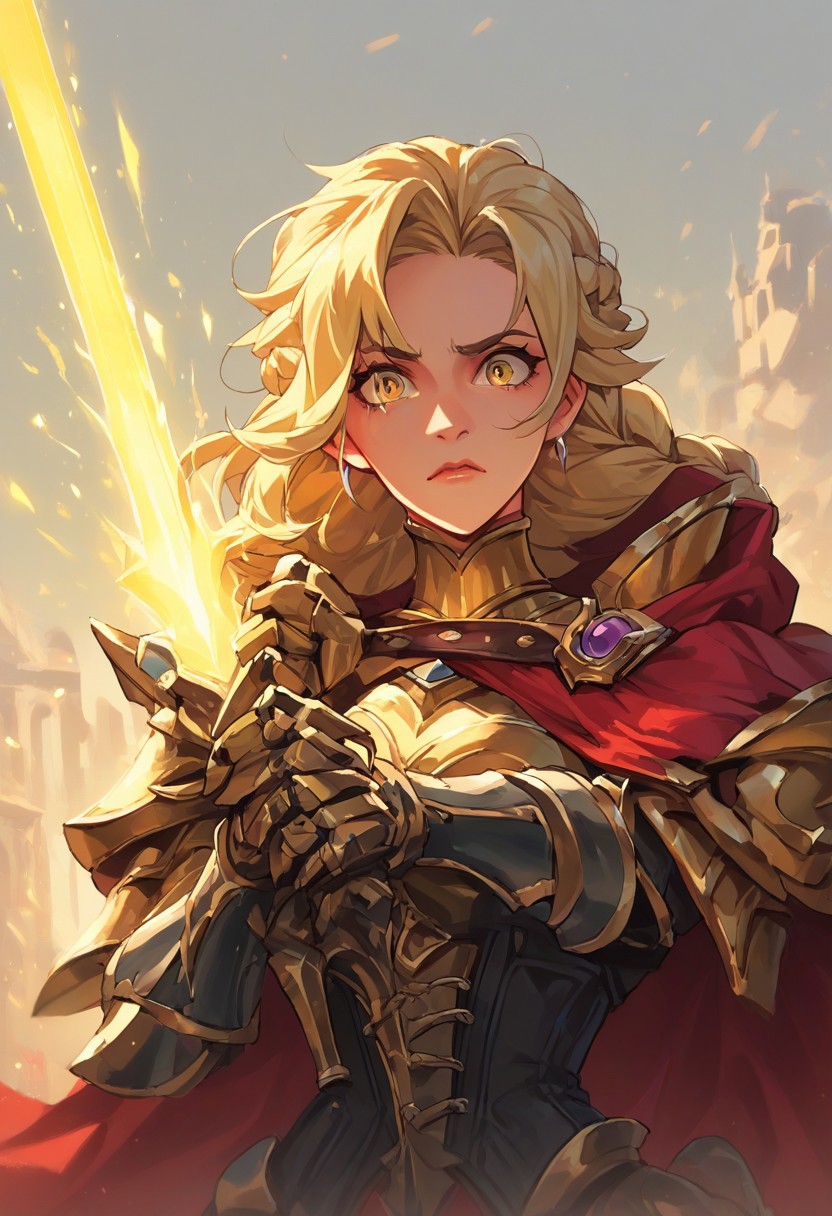 score_9, score_8_up, score_7_up, score_6_up, score_5_up, score_4_up, 
paladin lady holding glowing sword, blonde hair, braid, ornate golden armor, ornate pauldrons, black corset, glowing yellow eyes, red cape, upper body, face focus